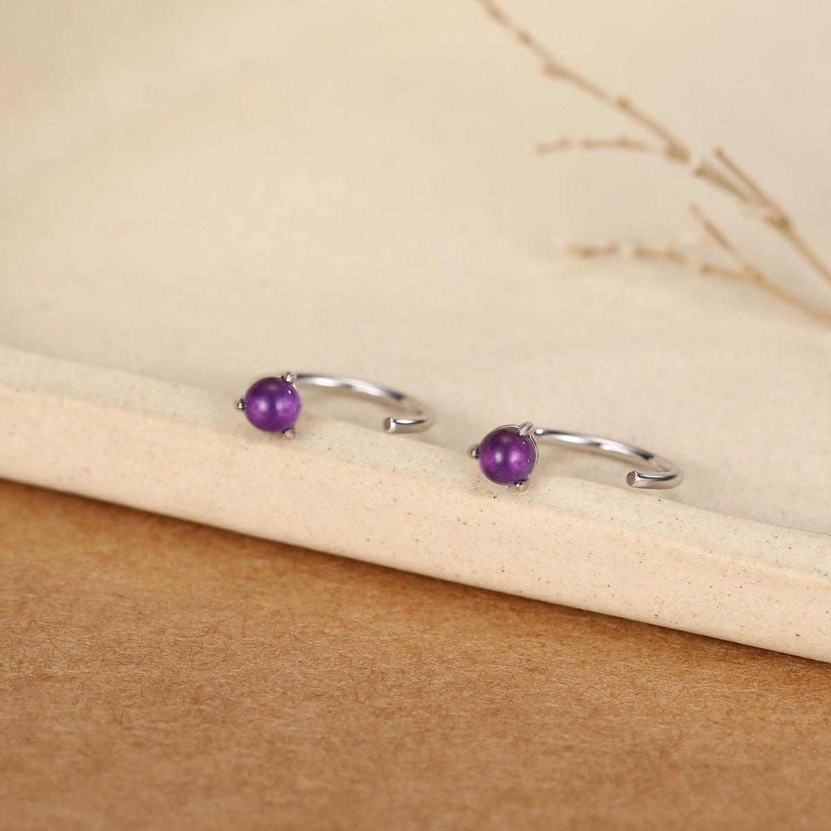 Genuine Amethyst Huggie Hoop Earrings in Sterling Silver, 3mm Natural Purple Amethyst Open Hoops, Pull Through Threaders, C Shape Half Hoops