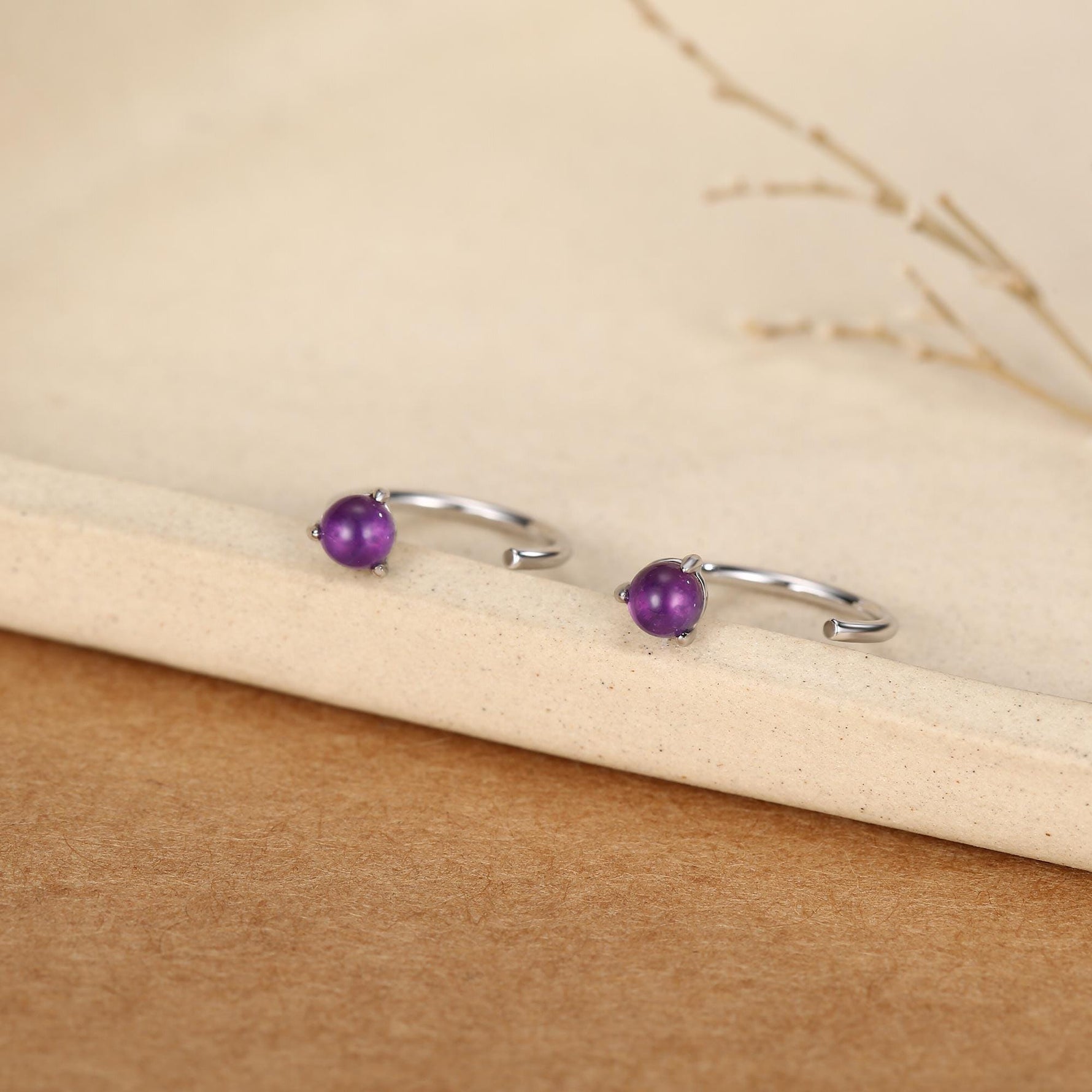 Genuine Amethyst Huggie Hoop Earrings in Sterling Silver, 3mm Natural Purple Amethyst Open Hoops, Pull Through Threaders, C Shape Half Hoops
