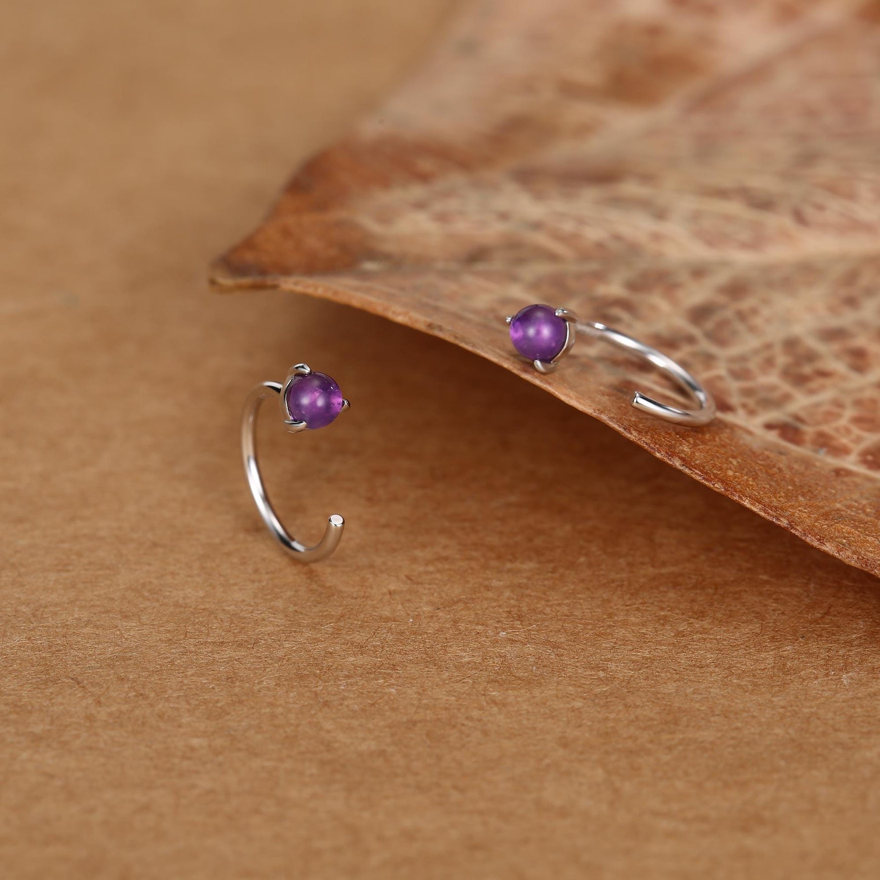 Genuine Amethyst Huggie Hoop Earrings in Sterling Silver, 3mm Natural Purple Amethyst Open Hoops, Pull Through Threaders, C Shape Half Hoops