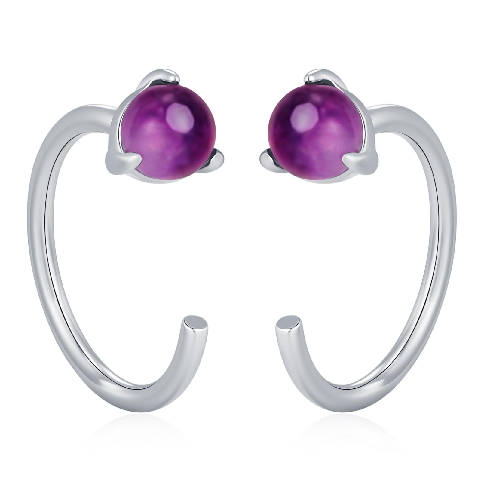 Genuine Amethyst Huggie Hoop Earrings in Sterling Silver, 3mm Natural Purple Amethyst Open Hoops, Pull Through Threaders, C Shape Half Hoops