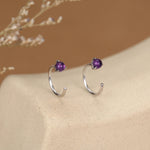 Genuine Amethyst Huggie Hoop Earrings in Sterling Silver, 3mm Natural Purple Amethyst Open Hoops, Pull Through Threaders, C Shape Half Hoops