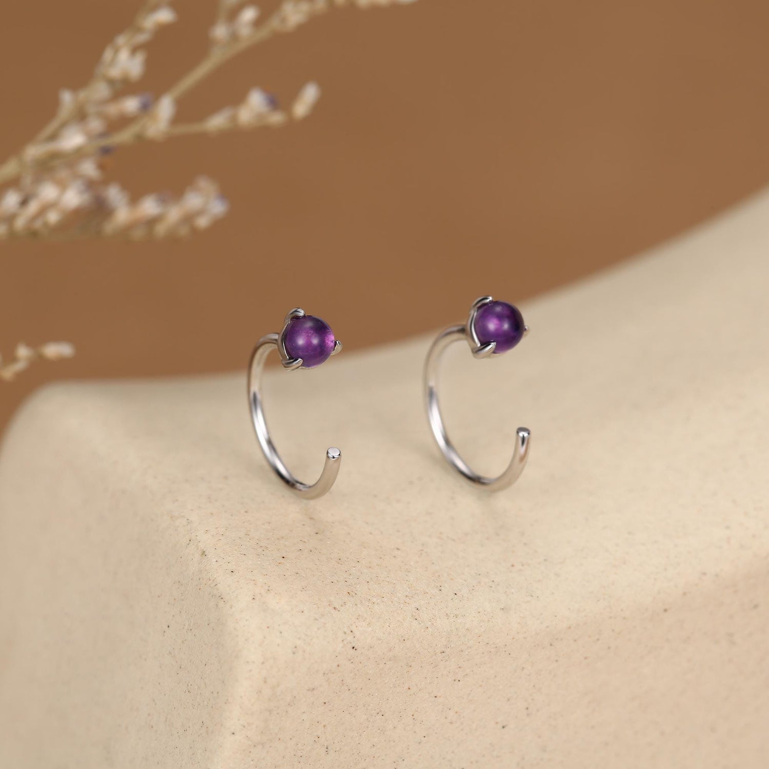 Genuine Amethyst Huggie Hoop Earrings in Sterling Silver, 3mm Natural Purple Amethyst Open Hoops, Pull Through Threaders, C Shape Half Hoops