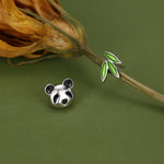 Mismatched Panda and Bamboo Leaf Stud Earrings in Sterling Silver, Asymmetric Panda and Bamboo Leaf Earrings, Nature Inspired