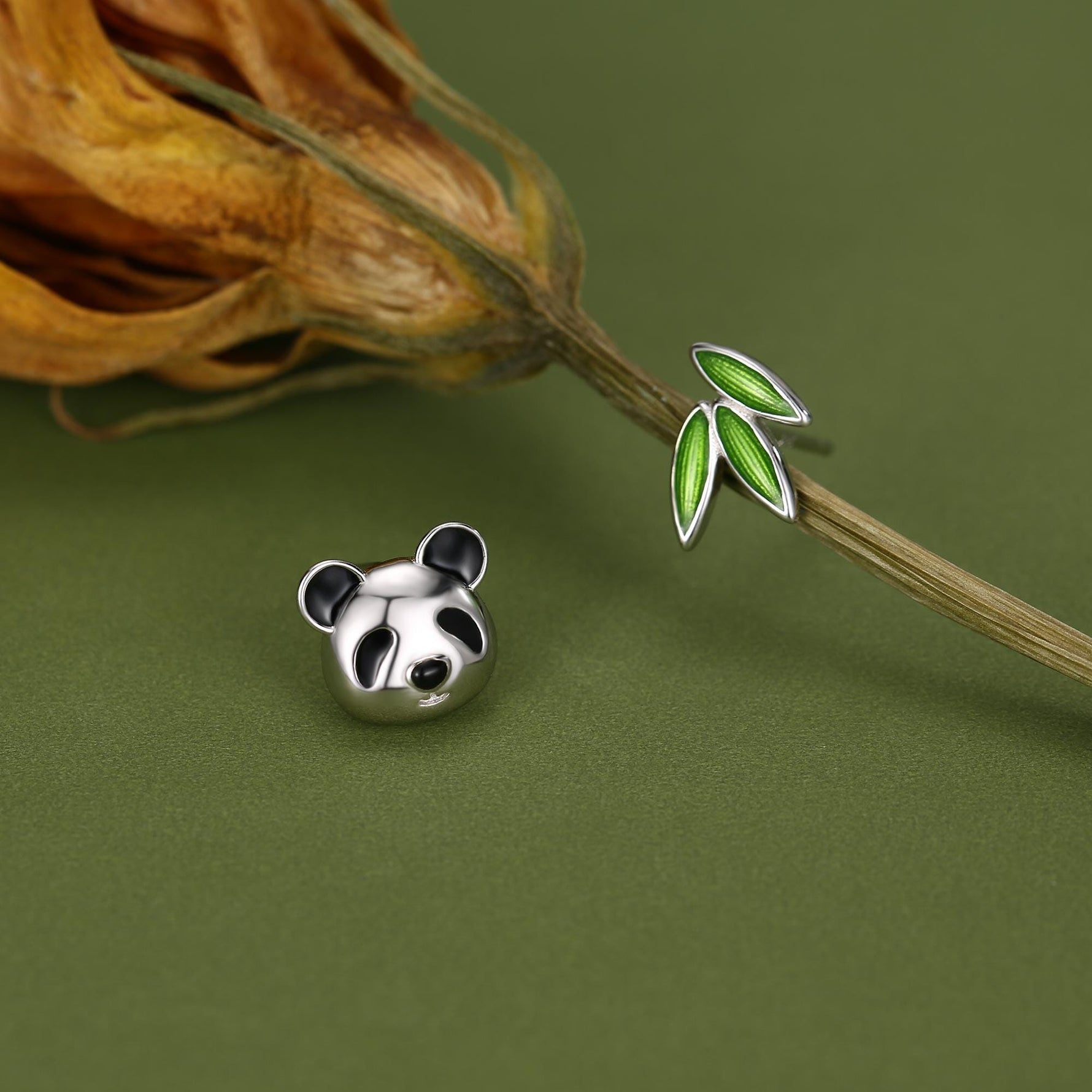 Mismatched Panda and Bamboo Leaf Stud Earrings in Sterling Silver, Asymmetric Panda and Bamboo Leaf Earrings, Nature Inspired