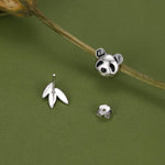 Mismatched Panda and Bamboo Leaf Stud Earrings in Sterling Silver, Asymmetric Panda and Bamboo Leaf Earrings, Nature Inspired