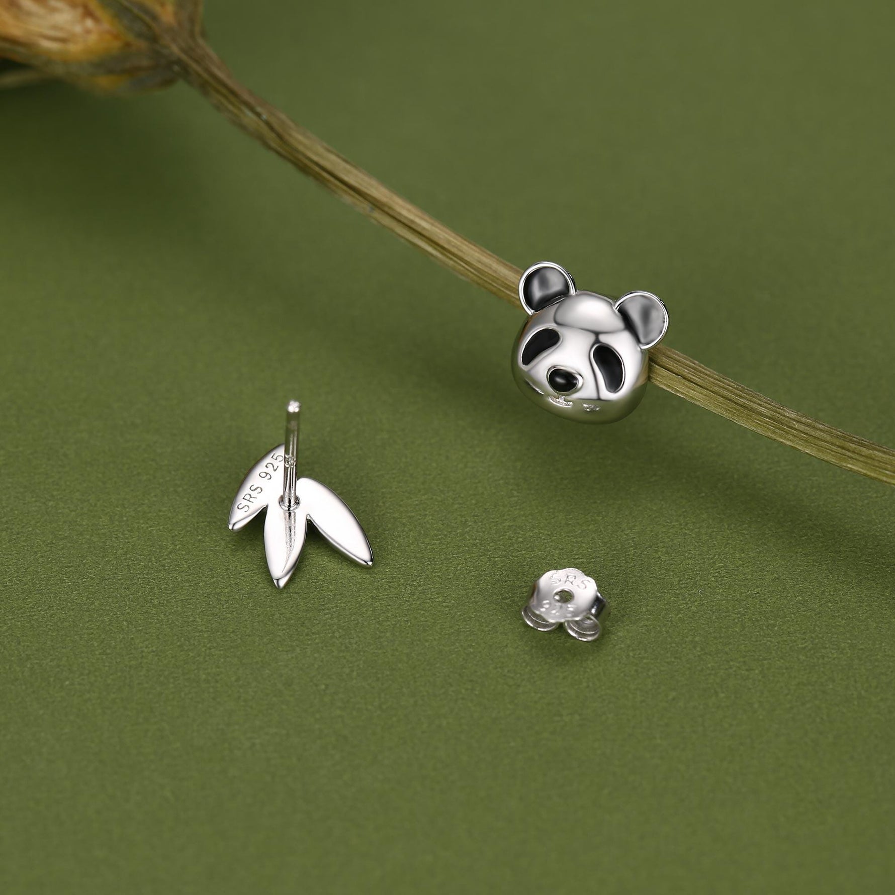 Mismatched Panda and Bamboo Leaf Stud Earrings in Sterling Silver, Asymmetric Panda and Bamboo Leaf Earrings, Nature Inspired