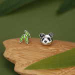Mismatched Panda and Bamboo Leaf Stud Earrings in Sterling Silver, Asymmetric Panda and Bamboo Leaf Earrings, Nature Inspired