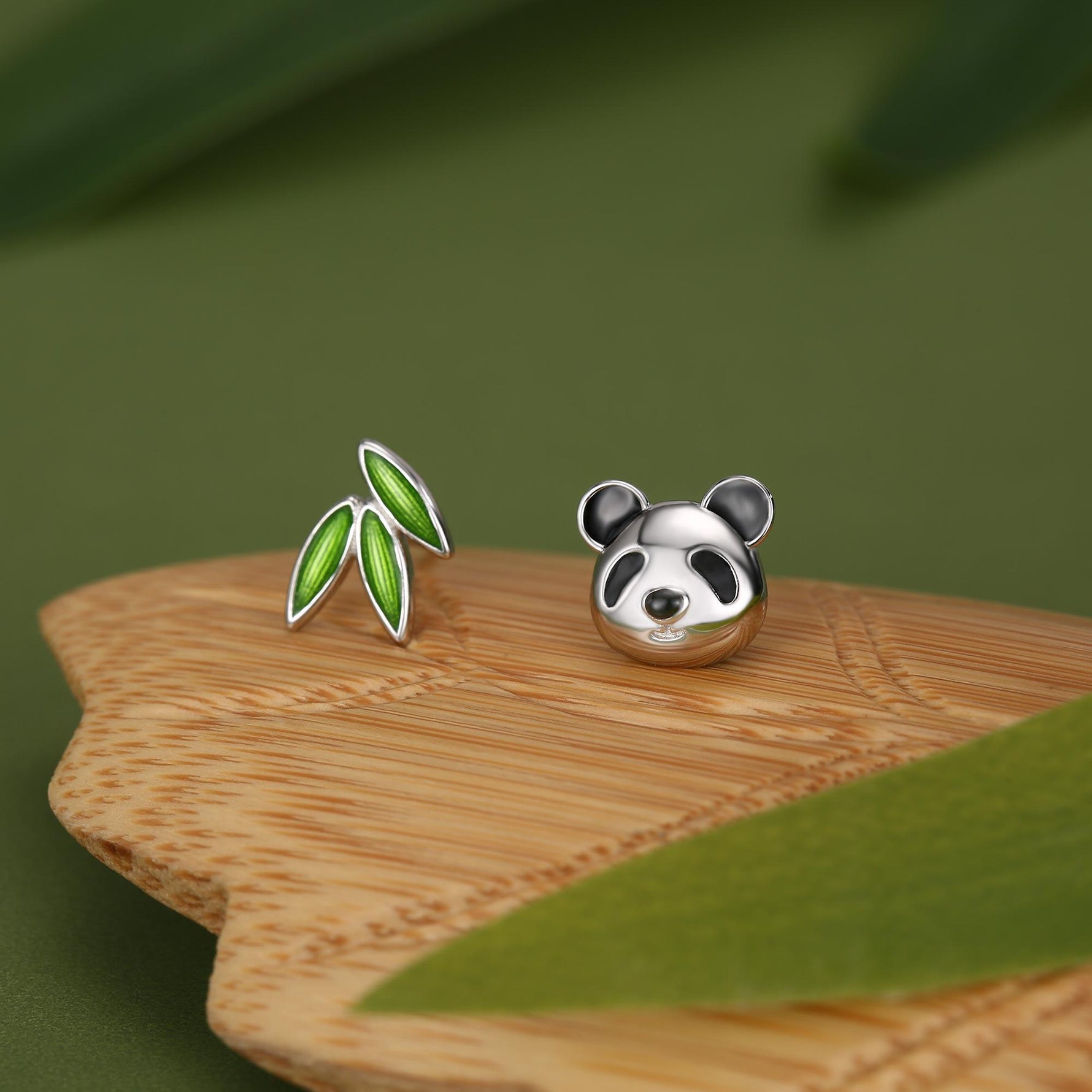 Mismatched Panda and Bamboo Leaf Stud Earrings in Sterling Silver, Asymmetric Panda and Bamboo Leaf Earrings, Nature Inspired