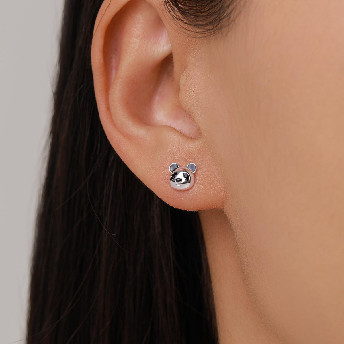 Mismatched Panda and Bamboo Leaf Stud Earrings in Sterling Silver, Asymmetric Panda and Bamboo Leaf Earrings, Nature Inspired