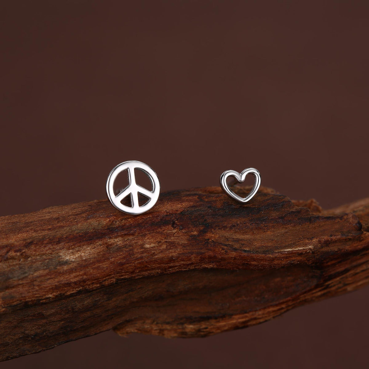 Tiny Mismatched Peace and Love Symbol Stud Earrings in Sterling Silver, Silver, Gold or Rose Gold, Small Asymmetric Heart and Peace Earrings