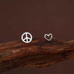 Tiny Mismatched Peace and Love Symbol Stud Earrings in Sterling Silver, Silver, Gold or Rose Gold, Small Asymmetric Heart and Peace Earrings