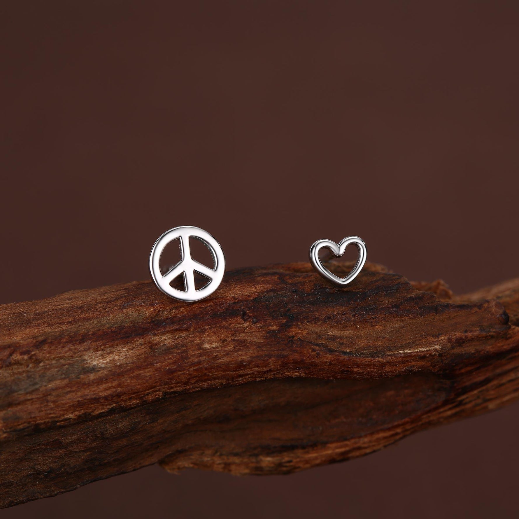 Tiny Mismatched Peace and Love Symbol Stud Earrings in Sterling Silver, Silver, Gold or Rose Gold, Small Asymmetric Heart and Peace Earrings