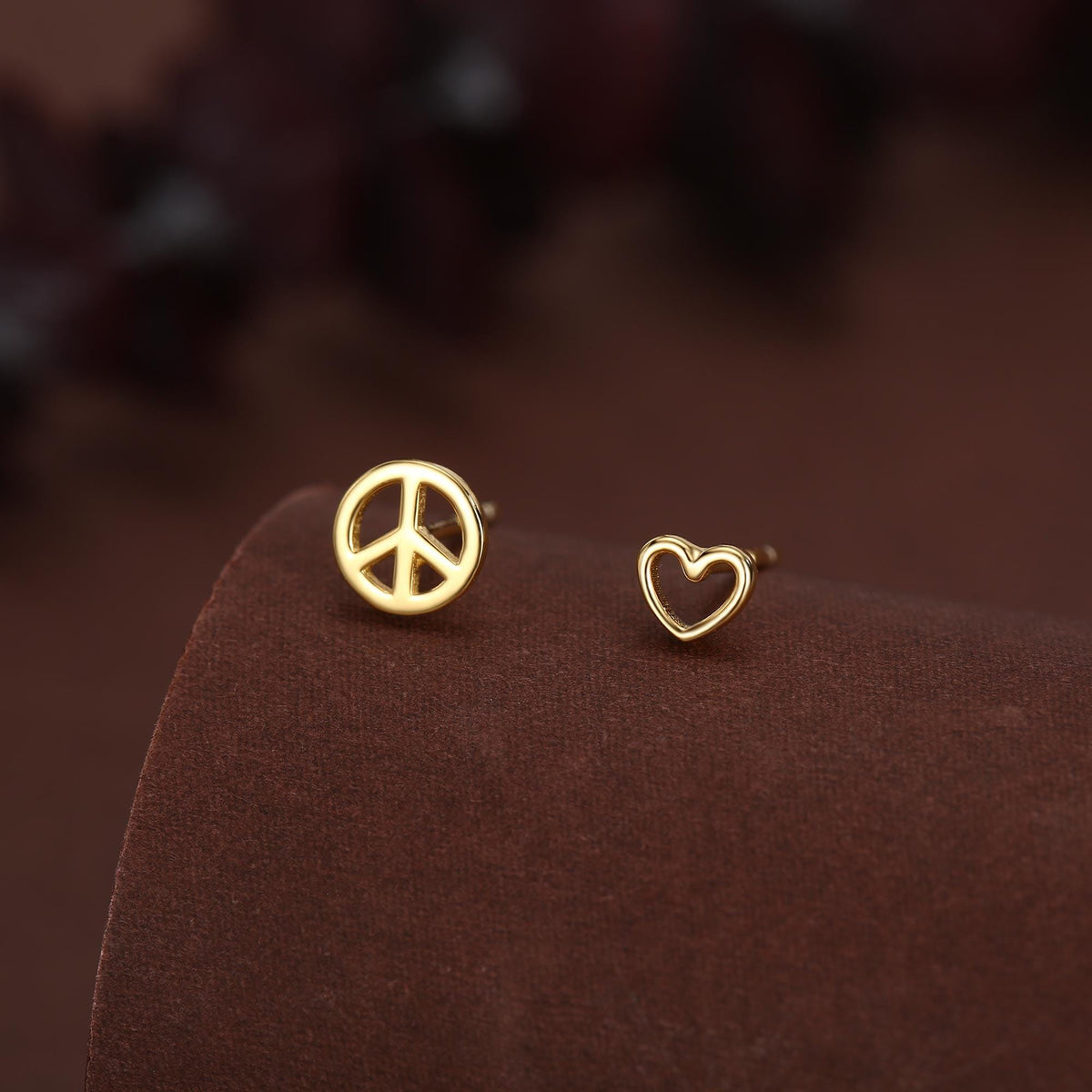 Tiny Mismatched Peace and Love Symbol Stud Earrings in Sterling Silver, Silver, Gold or Rose Gold, Small Asymmetric Heart and Peace Earrings