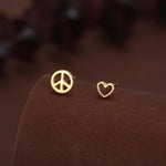 Tiny Mismatched Peace and Love Symbol Stud Earrings in Sterling Silver, Silver, Gold or Rose Gold, Small Asymmetric Heart and Peace Earrings