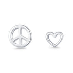 Tiny Mismatched Peace and Love Symbol Stud Earrings in Sterling Silver, Silver, Gold or Rose Gold, Small Asymmetric Heart and Peace Earrings
