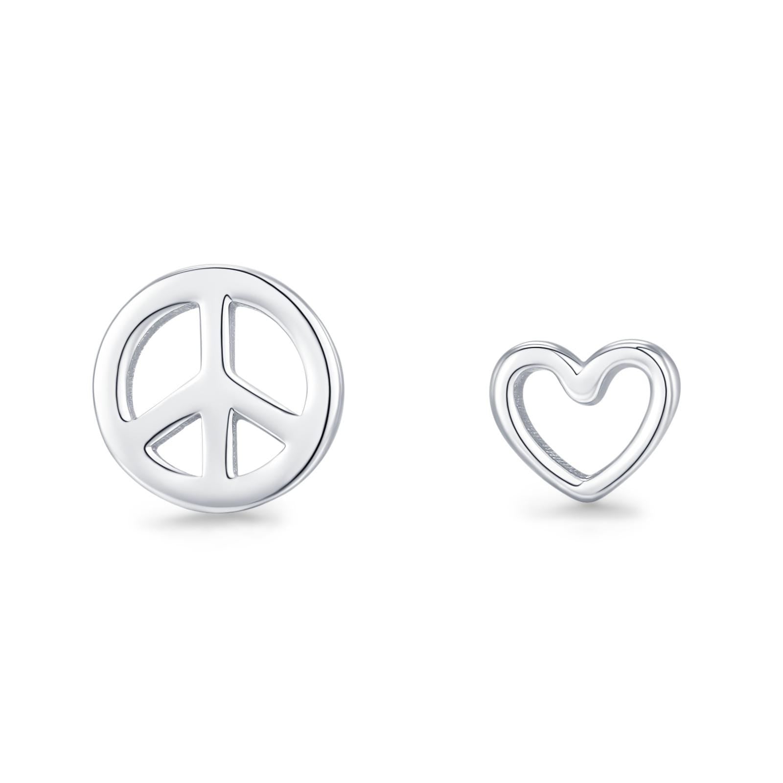 Tiny Mismatched Peace and Love Symbol Stud Earrings in Sterling Silver, Silver, Gold or Rose Gold, Small Asymmetric Heart and Peace Earrings