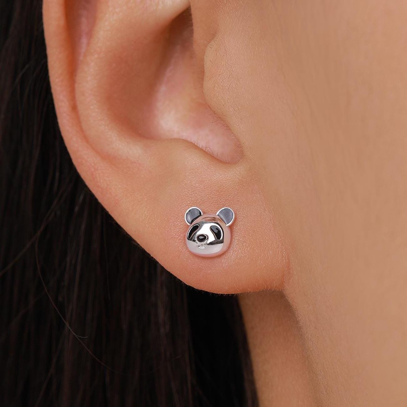 Cute Panda Earrings in Sterling Silver, Panda Bear Stud Earrings, Animal Earrings, Nature Lover