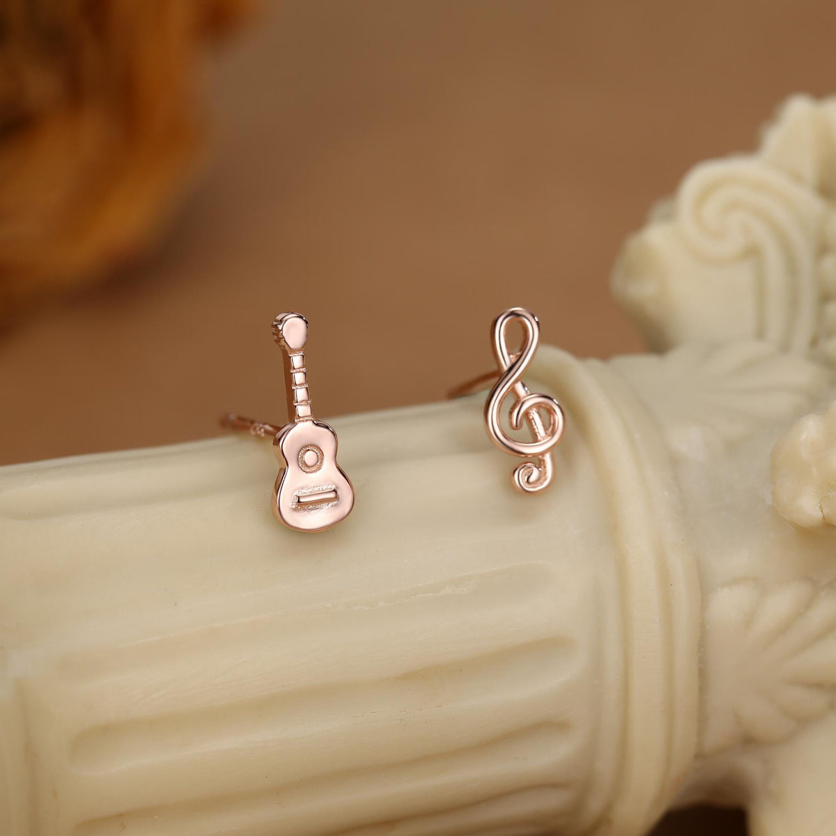 Mismatched Guitar and Music Note Stud Earrings in Sterling Silver, Asymmetric Guitar and Music Earrings