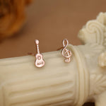 Mismatched Guitar and Music Note Stud Earrings in Sterling Silver, Asymmetric Guitar and Music Earrings