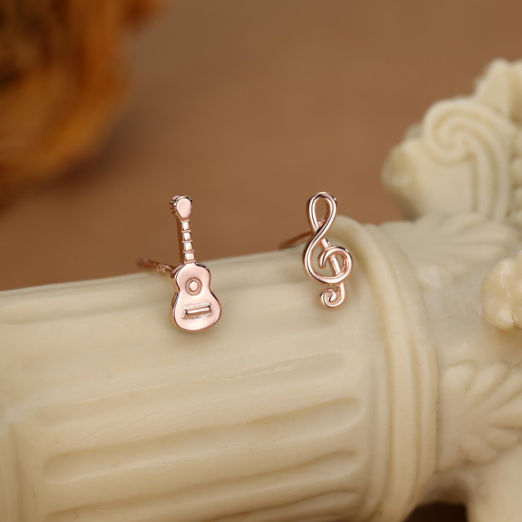 Mismatched Guitar and Music Note Stud Earrings in Sterling Silver, Asymmetric Guitar and Music Earrings
