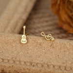 Mismatched Guitar and Music Note Stud Earrings in Sterling Silver, Asymmetric Guitar and Music Earrings
