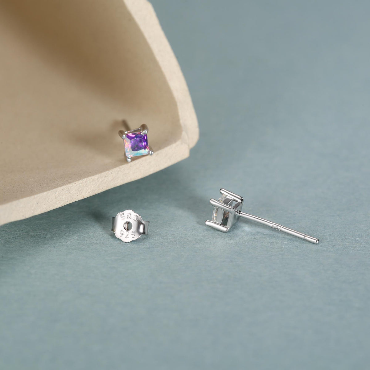 Princess Cut AB Aurora Square Crystal Stud Earrings in Sterling Silver