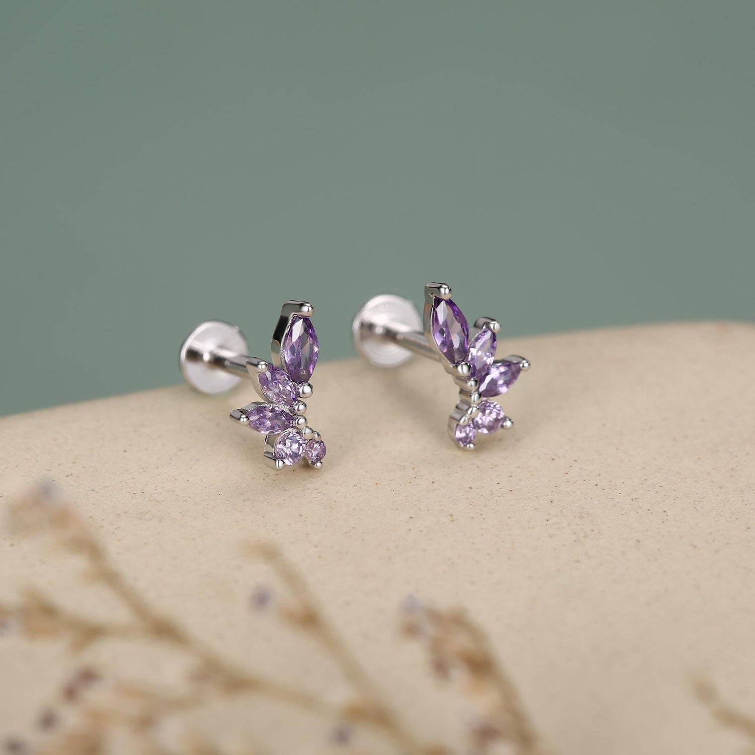 Sterling Silver Purple CZ Marquise Cluster 16G Flat Back Earrings