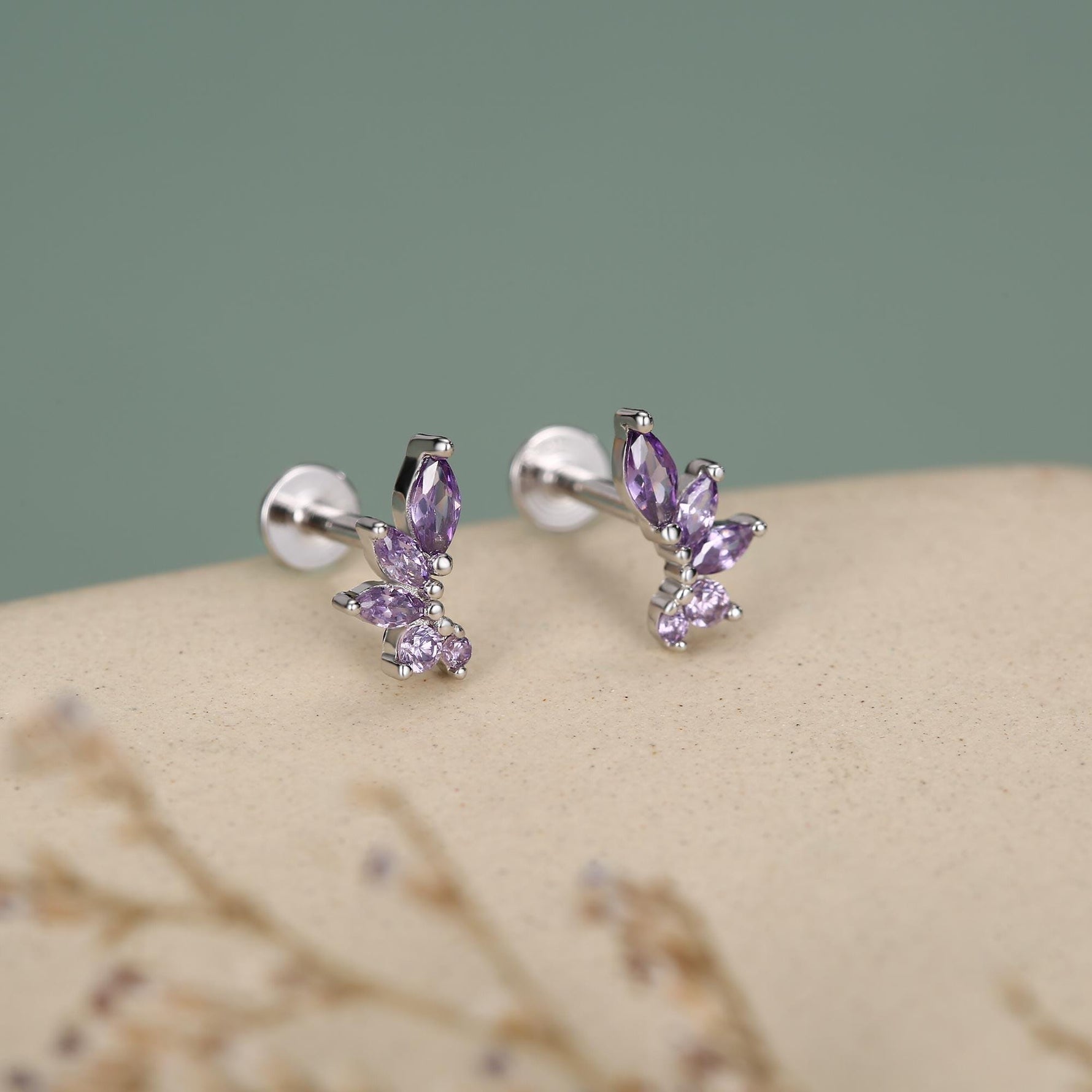 Sterling Silver Purple CZ Marquise Cluster 16G Flat Back Earrings
