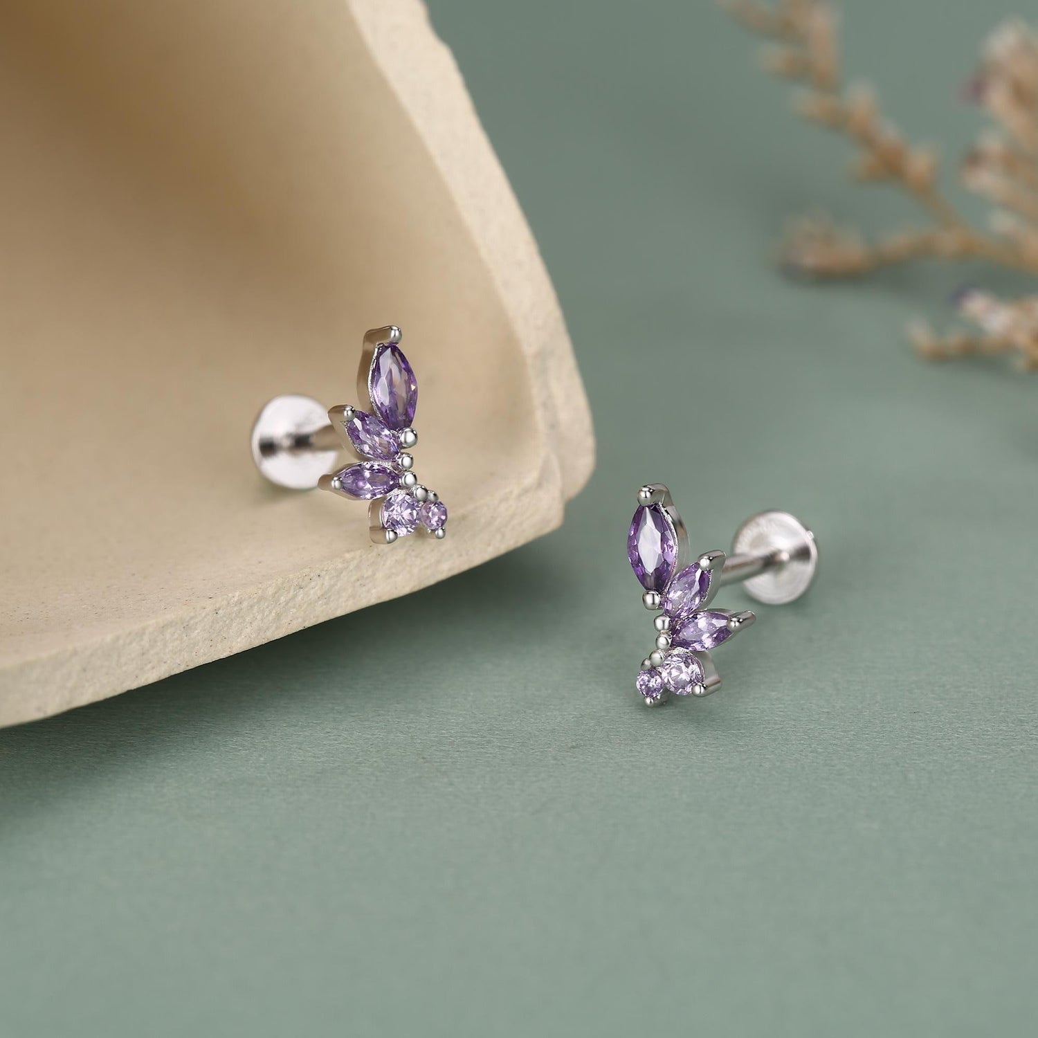 Sterling Silver Purple CZ Marquise Cluster 16G Flat Back Earrings