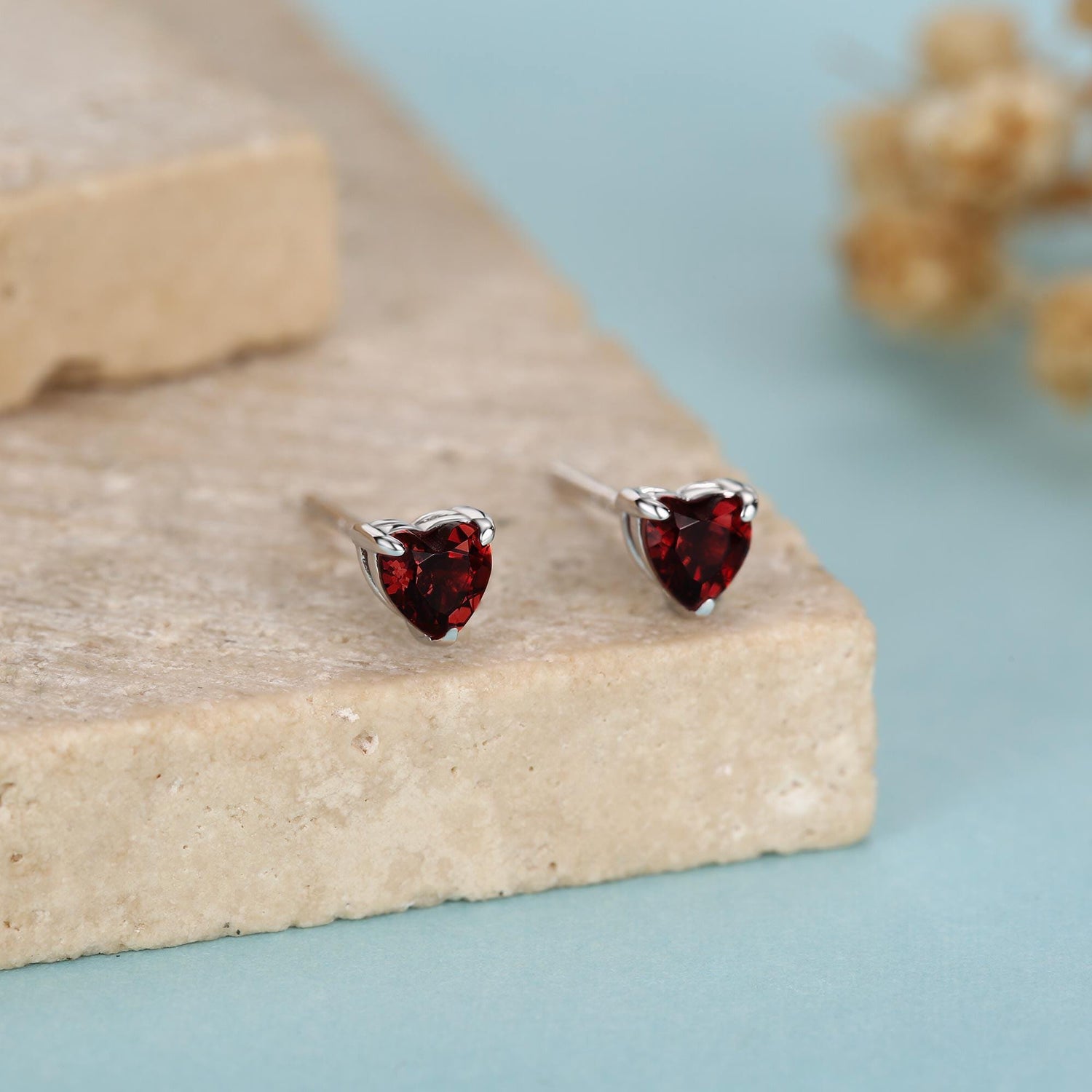 Natural Dark Garnet Crystal Heart Stud Earrings in Sterling Silver,4mm Garnet Crystal, Heart Stud Earrings, Tiny Heart Earrings