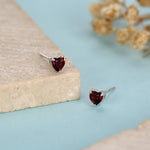 Natural Dark Garnet Crystal Heart Stud Earrings in Sterling Silver,4mm Garnet Crystal, Heart Stud Earrings, Tiny Heart Earrings