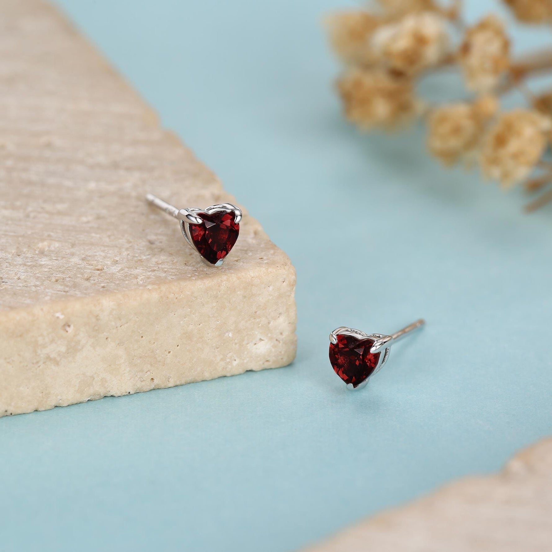Natural Dark Garnet Crystal Heart Stud Earrings in Sterling Silver,4mm Garnet Crystal, Heart Stud Earrings, Tiny Heart Earrings