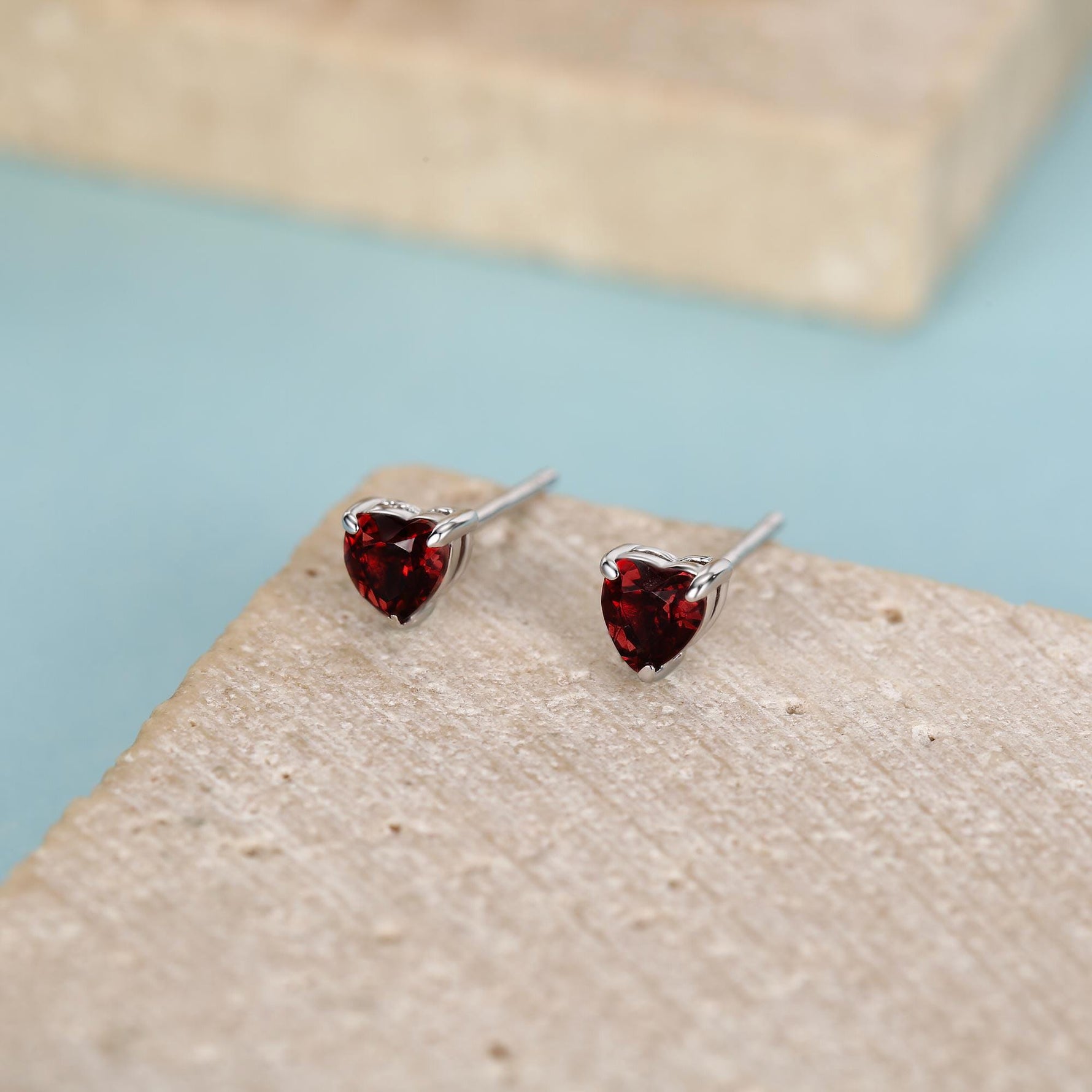 Natural Dark Garnet Crystal Heart Stud Earrings in Sterling Silver,4mm Garnet Crystal, Heart Stud Earrings, Tiny Heart Earrings