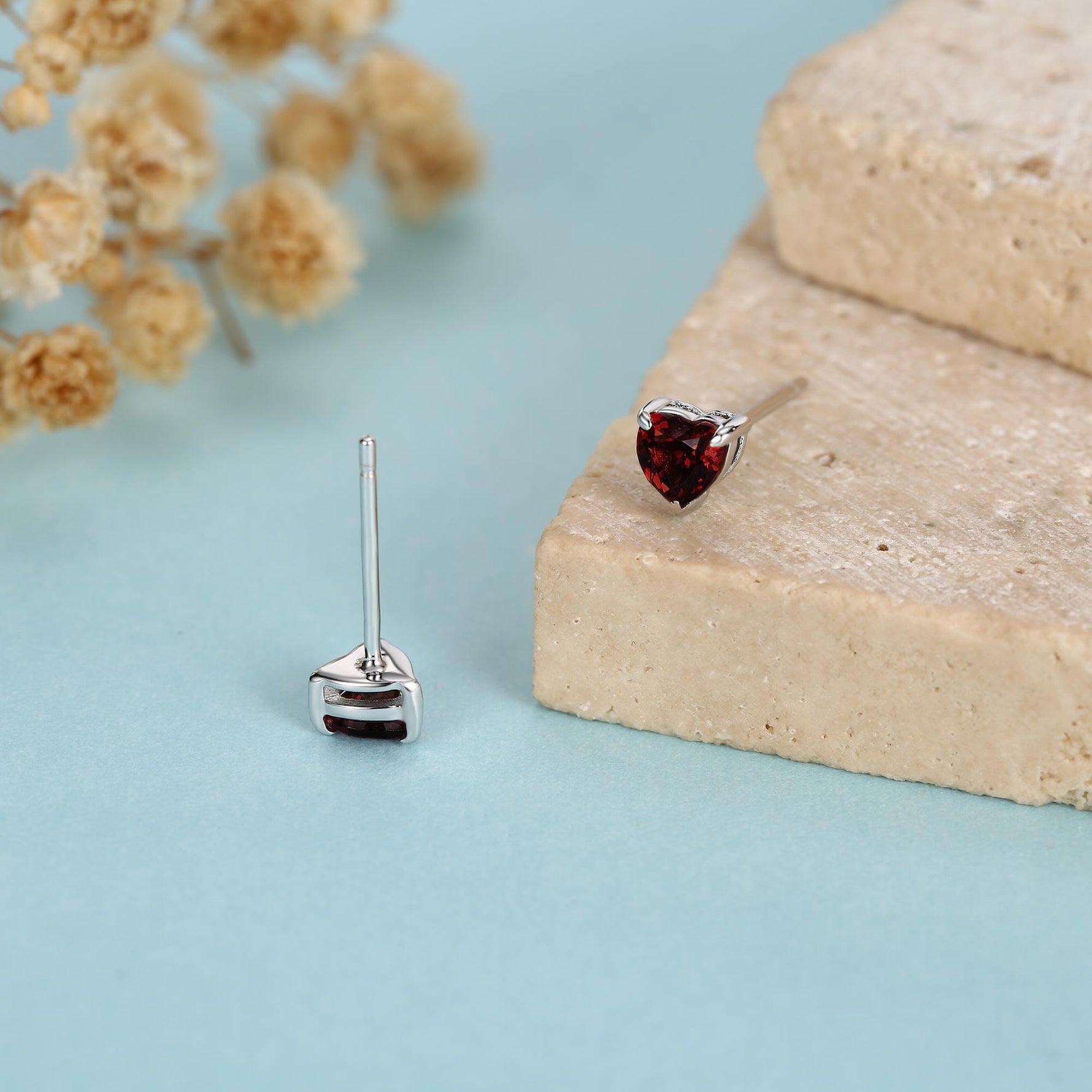 Natural Dark Garnet Crystal Heart Stud Earrings in Sterling Silver,4mm Garnet Crystal, Heart Stud Earrings, Tiny Heart Earrings