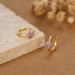 Tiny Purple Amethyst CZ Flower Huggie Hoops, CZ Hoop Earrings, Crystal Flower Huggie Earrings, Amehyst Hoop Earrings