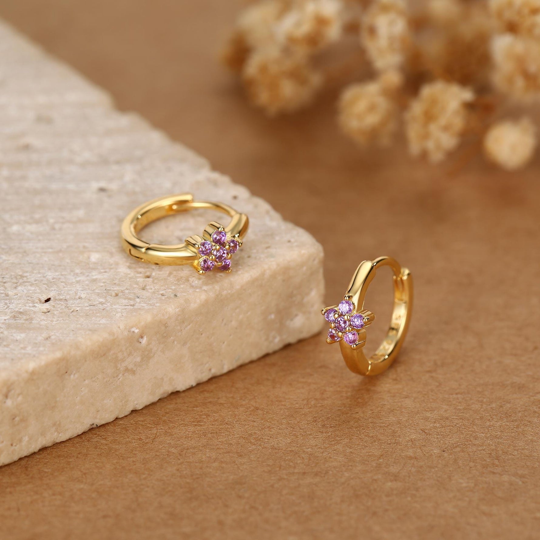 Tiny Purple Amethyst CZ Flower Huggie Hoops, CZ Hoop Earrings, Crystal Flower Huggie Earrings, Amehyst Hoop Earrings