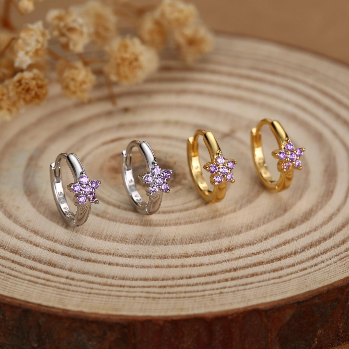Tiny Purple Amethyst CZ Flower Huggie Hoops, CZ Hoop Earrings, Crystal Flower Huggie Earrings, Amehyst Hoop Earrings
