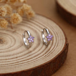 Tiny Purple Amethyst CZ Flower Huggie Hoops, CZ Hoop Earrings, Crystal Flower Huggie Earrings, Amehyst Hoop Earrings