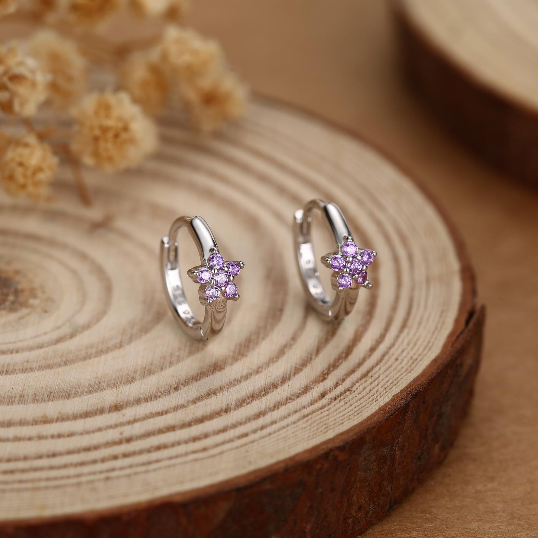 Tiny Purple Amethyst CZ Flower Huggie Hoops, CZ Hoop Earrings, Crystal Flower Huggie Earrings, Amehyst Hoop Earrings