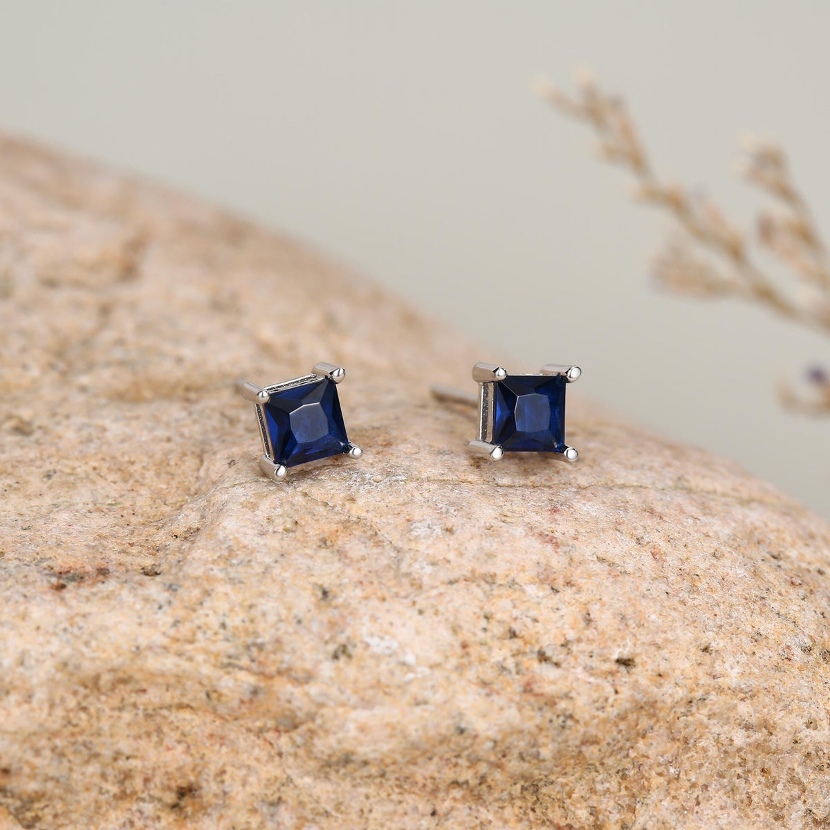 Princess Cut Dark Sapphire Blue CZ Stud Earrings in Sterling Silver, Square Cut Crystal Earrings, Purple CZ, September Birthstone