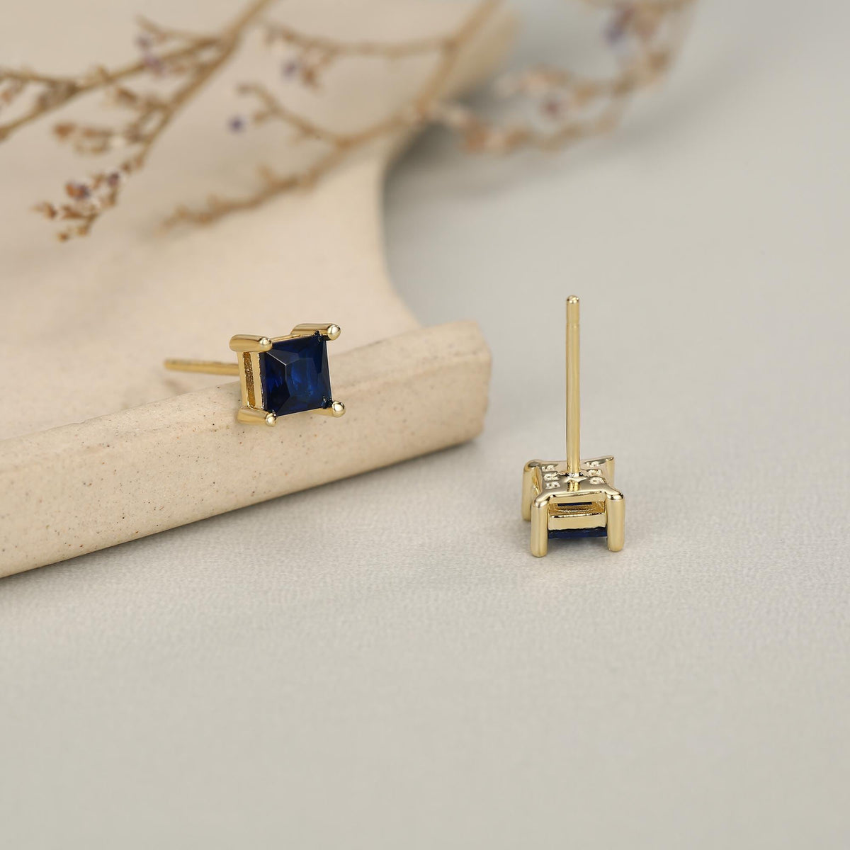 Princess Cut Dark Sapphire Blue CZ Stud Earrings in Sterling Silver, Square Cut Crystal Earrings, Purple CZ, September Birthstone