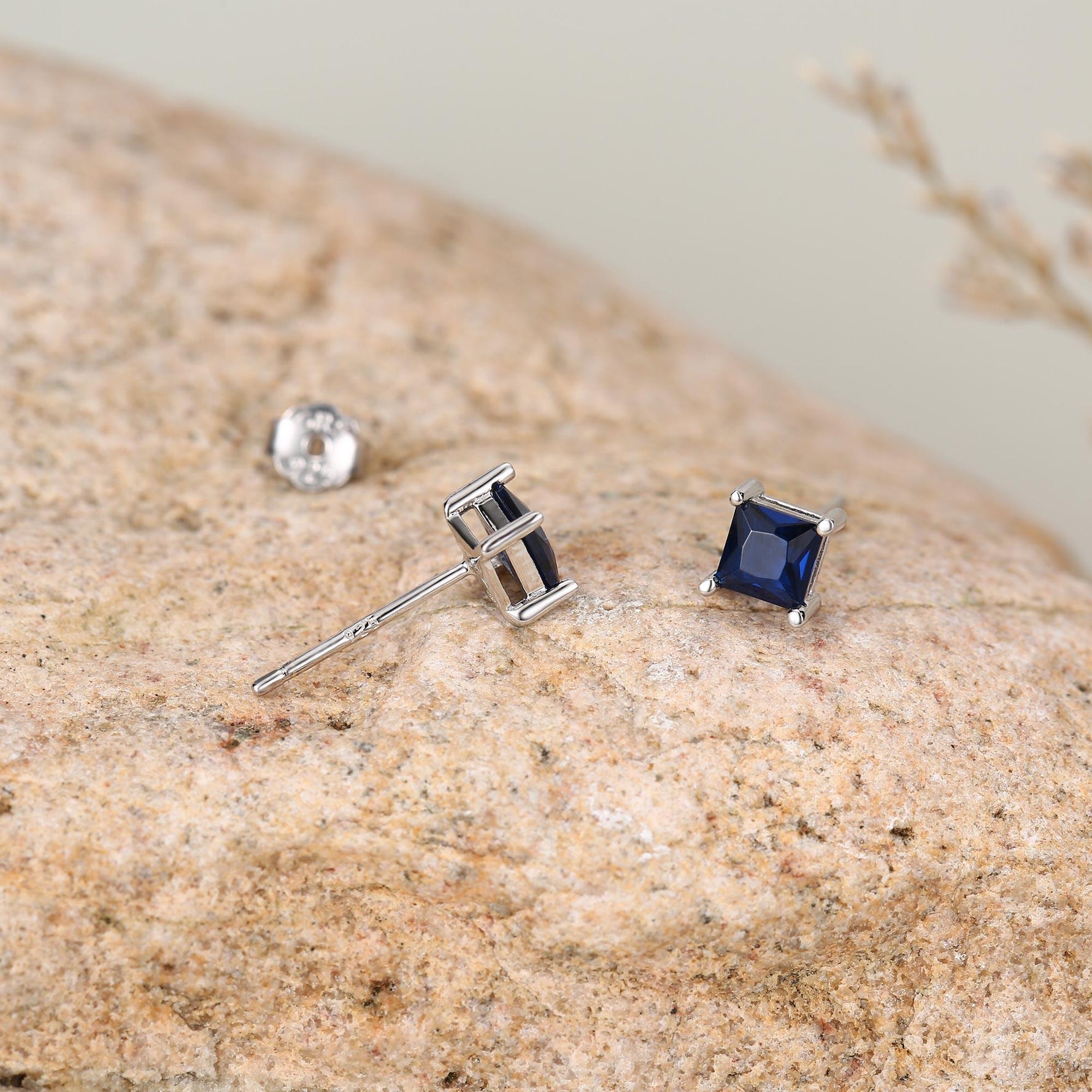 Princess Cut Dark Sapphire Blue CZ Stud Earrings in Sterling Silver, Square Cut Crystal Earrings, Purple CZ, September Birthstone