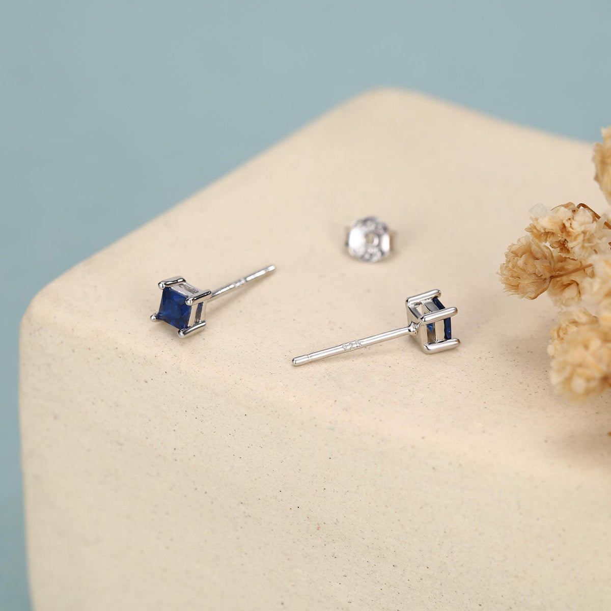 Princess Cut Dark Sapphire Blue CZ Stud Earrings in Sterling Silver, Square Cut Crystal Earrings, Purple CZ, September Birthstone