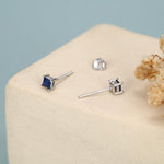 Princess Cut Dark Sapphire Blue CZ Stud Earrings in Sterling Silver, Square Cut Crystal Earrings, Purple CZ, September Birthstone