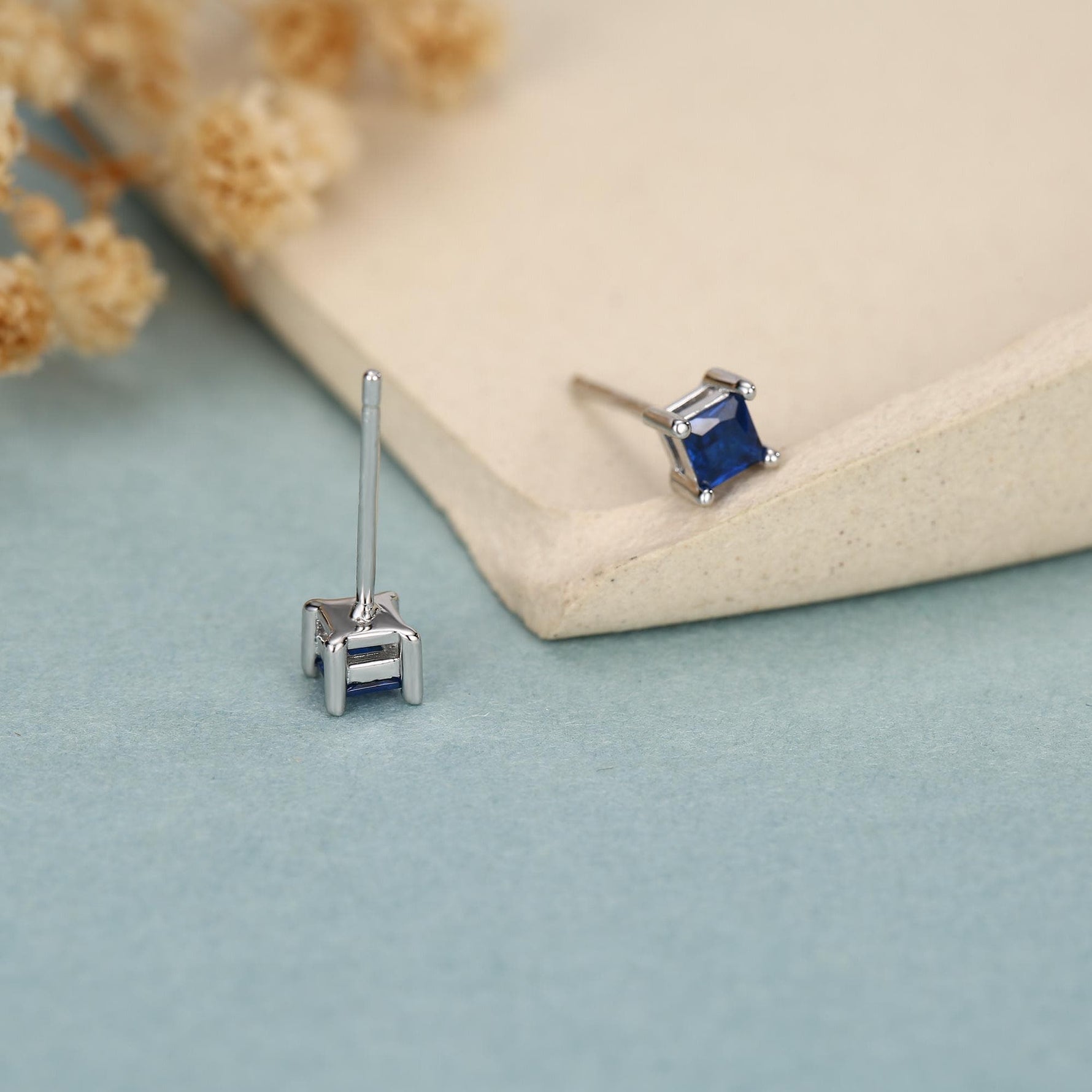 Princess Cut Dark Sapphire Blue CZ Stud Earrings in Sterling Silver, Square Cut Crystal Earrings, Purple CZ, September Birthstone
