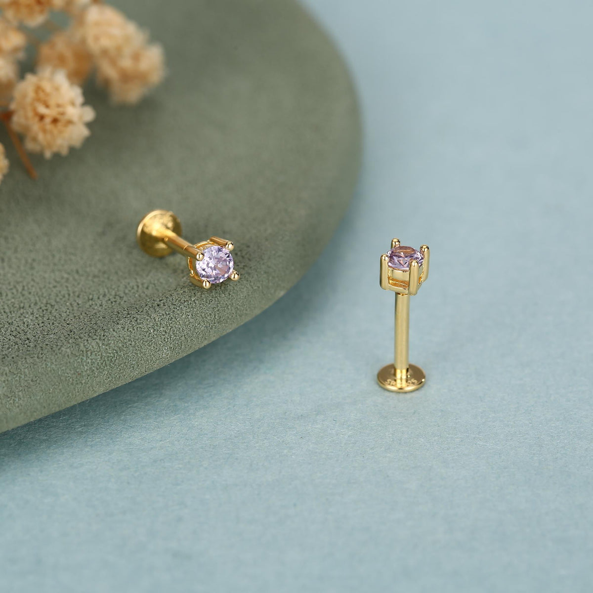 Amethyst Purple CZ 16G Internally Threaded Flat Back Earrings in Sterling Silver