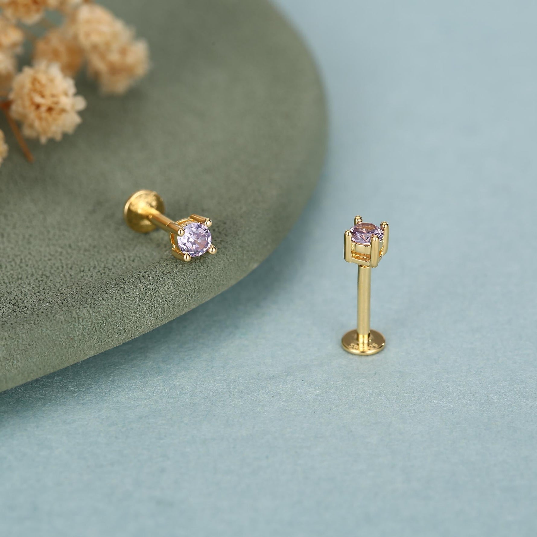 Amethyst Purple CZ 16G Internally Threaded Flat Back Earrings in Sterling Silver