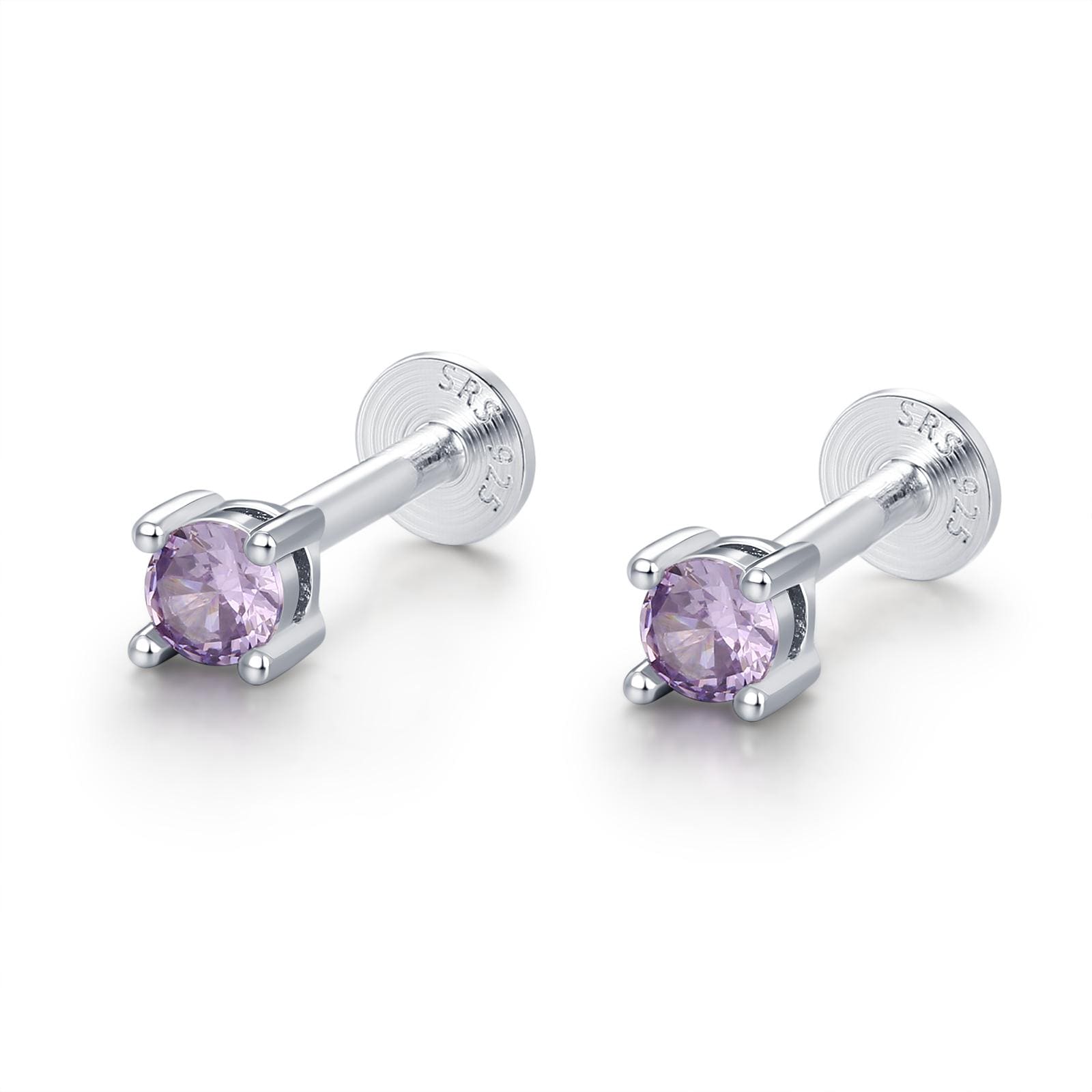 Amethyst Purple CZ 16G Internally Threaded Flat Back Earrings in Sterling Silver