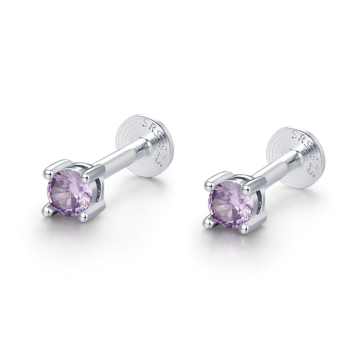 Amethyst Purple CZ 16G Internally Threaded Flat Back Earrings in Sterling Silver