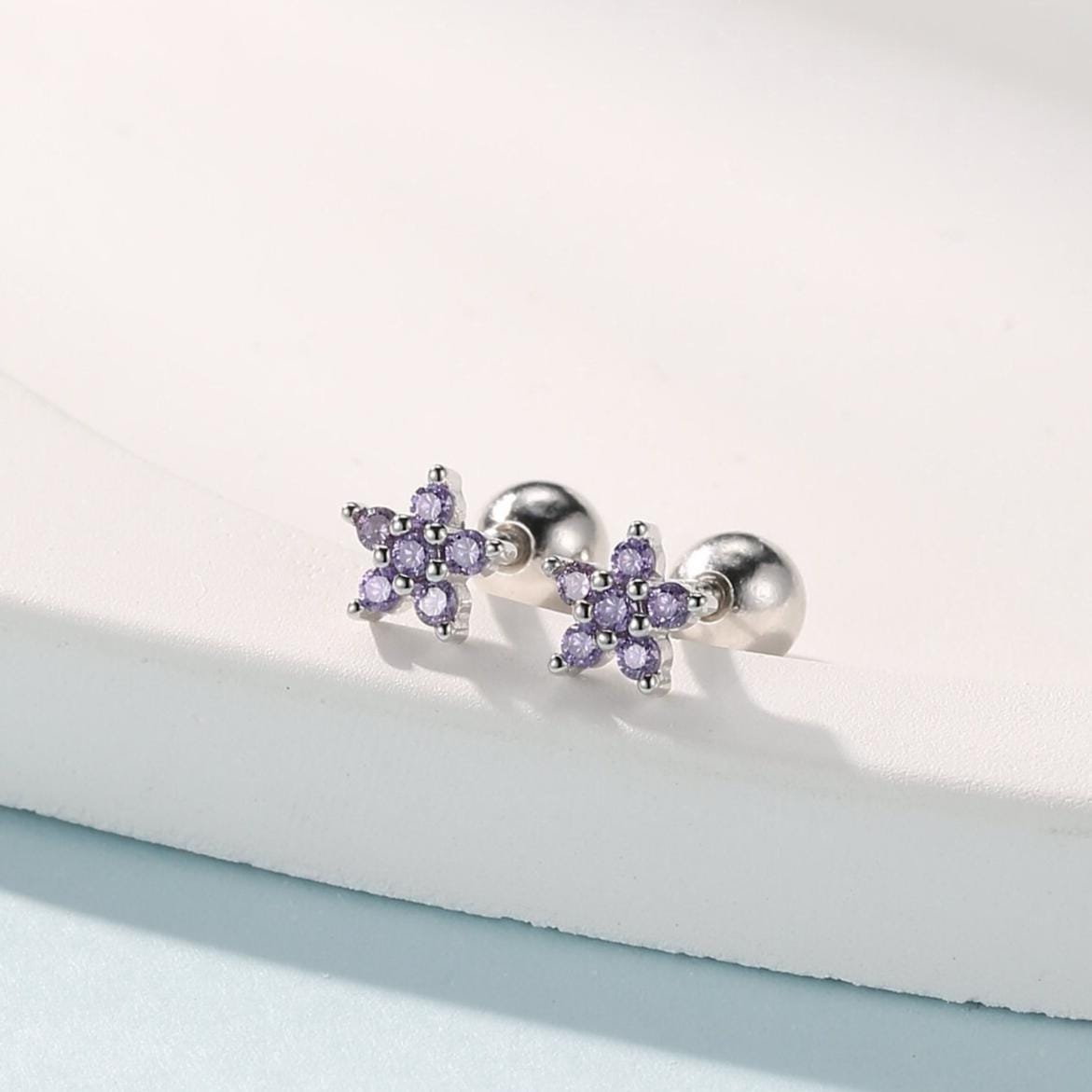 Amethyst Purple Flower CZ Screw Back Earrings in Sterling Silver, Forget Me Not Floral CZ Earrings, Silver or Gold, Flower CZ Earrings